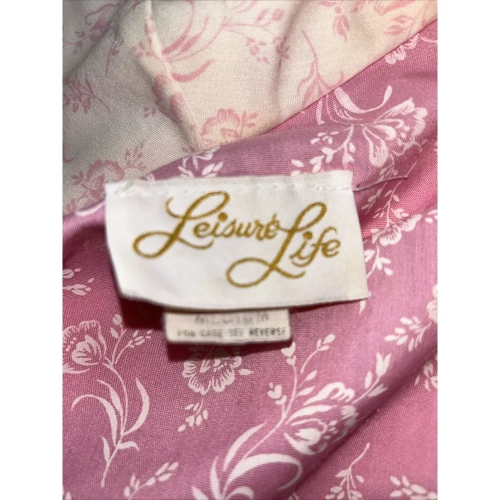 Vintage Leisure Life Long Pink white floral Robe Slash Pockets Dressing Gown USA - Picture 9 of 11